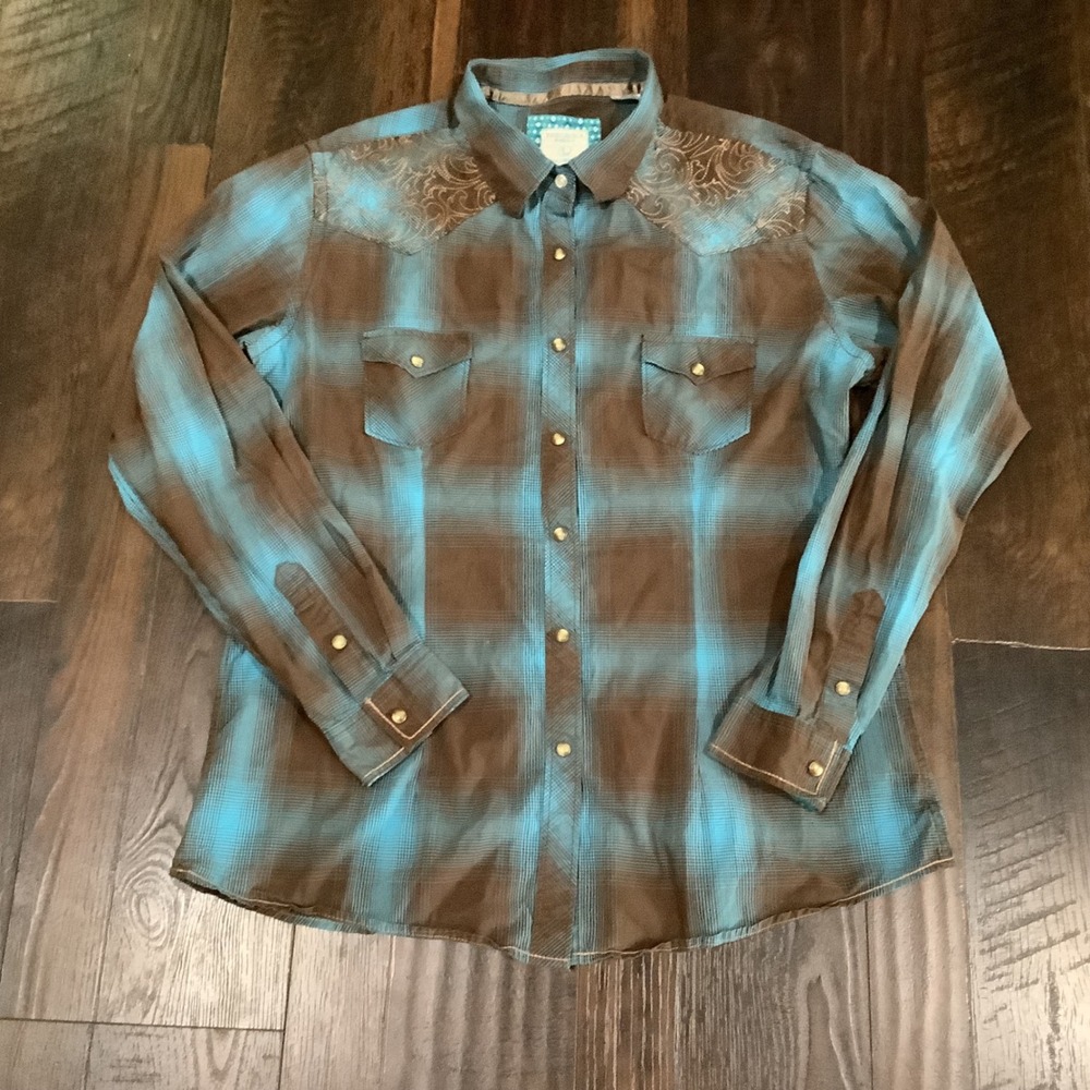 Panhandle Rough Stock Womens Blue Brown Plaid Western Snap Shirt R4S3251 L